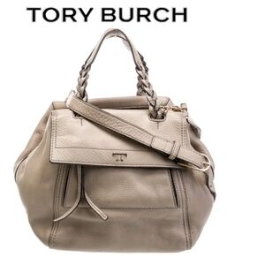 Tory Burch Top Handle Grey Leather Gold Hardware Adjustable Shoulder Strap Bag